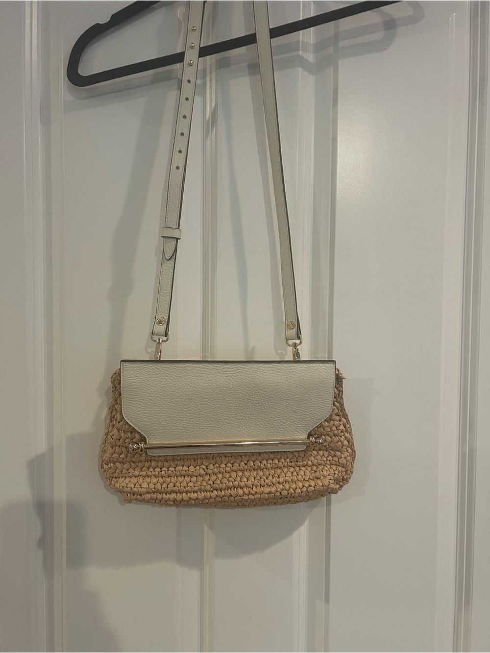 Strathberry Cream Leather Flap Woven Straw Crossbody